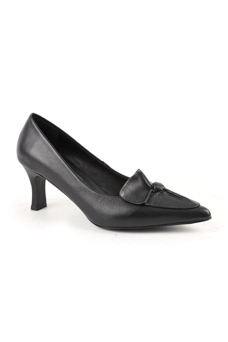 Women's High Heel Shoes Black Genuine Leather Pointed Toe Butterfly Knot Detailed Medium Goblet Heel L068.109 - MALLTURK