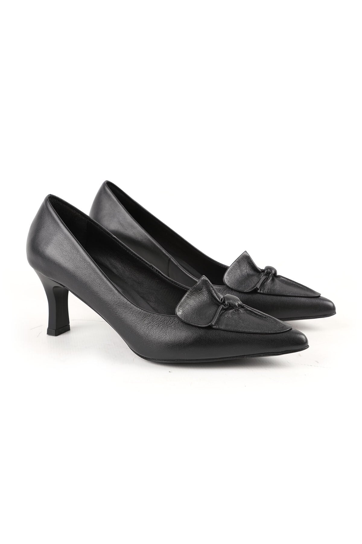 Women's High Heel Shoes Black Genuine Leather Pointed Toe Butterfly Knot Detailed Medium Goblet Heel L068.109 - MALLTURK