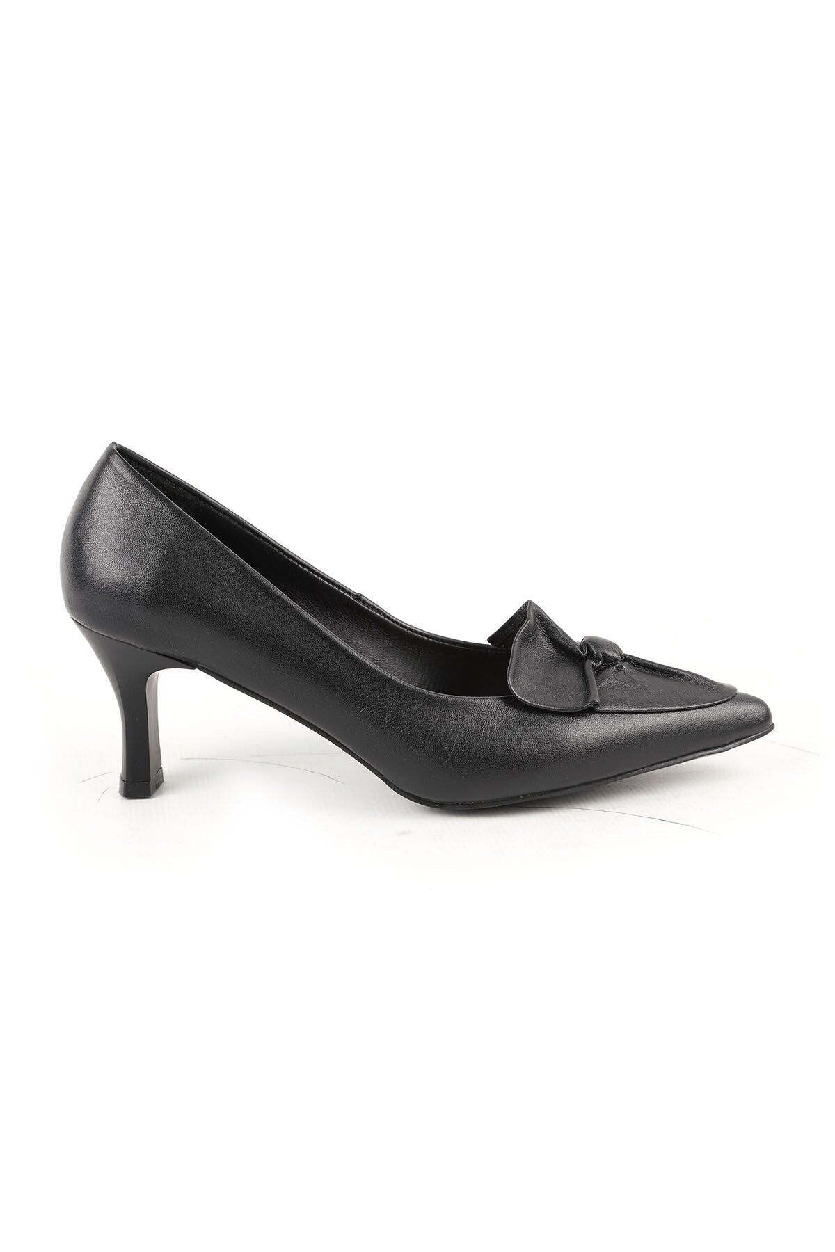 Women's High Heel Shoes Black Genuine Leather Pointed Toe Butterfly Knot Detailed Medium Goblet Heel L068.109 - MALLTURK