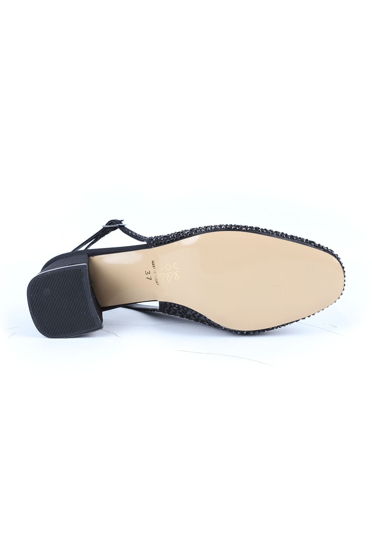 Women's High Heel Shoes Black Stone Suede Look Slingback Stylish Evening Dress Short Block Heel L085.K1105 - MALLTURK