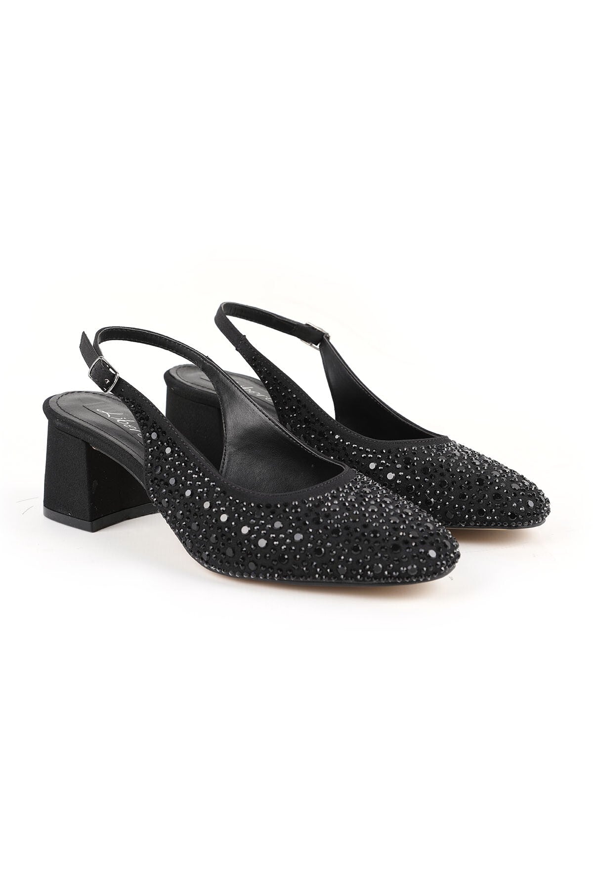 Women's High Heel Shoes Black Stone Suede Look Slingback Stylish Evening Dress Short Block Heel L085.K1105 - MALLTURK