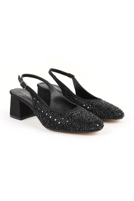 Women's High Heel Shoes Black Stone Suede Look Slingback Stylish Evening Dress Short Block Heel L085.K1105 - MALLTURK