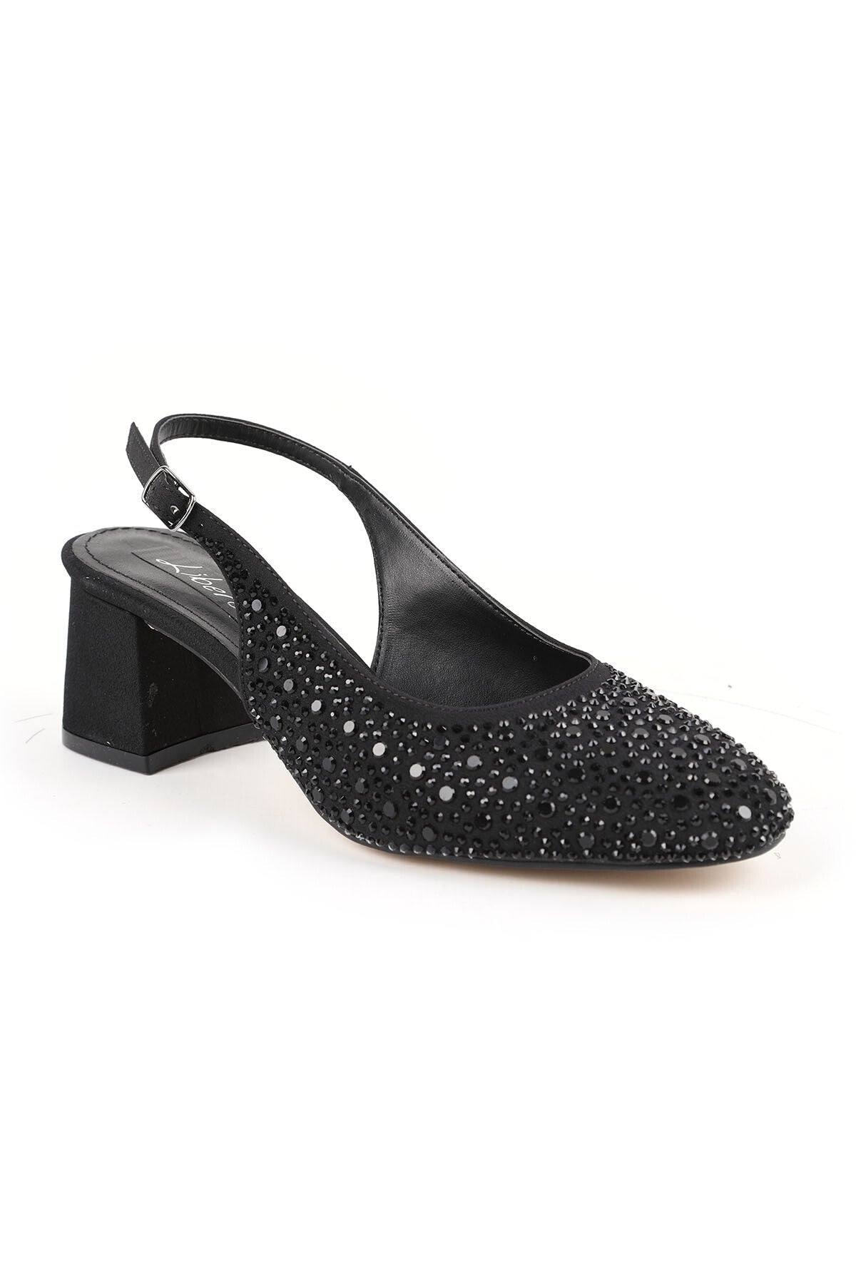 Women's High Heel Shoes Black Stone Suede Look Slingback Stylish Evening Dress Short Block Heel L085.K1105 - MALLTURK