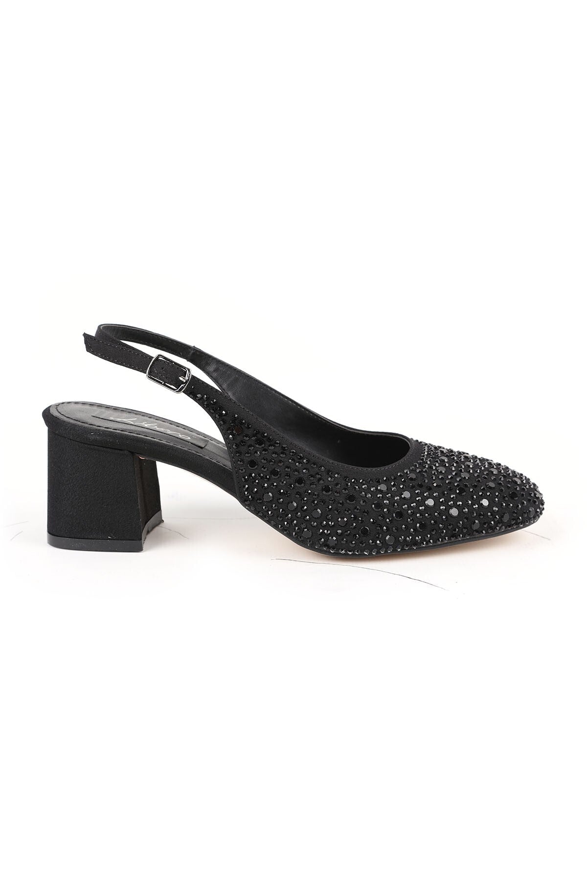 Women's High Heel Shoes Black Stone Suede Look Slingback Stylish Evening Dress Short Block Heel L085.K1105 - MALLTURK