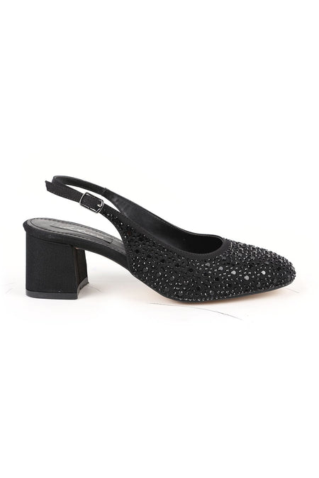 Women's High Heel Shoes Black Stone Suede Look Slingback Stylish Evening Dress Short Block Heel L085.K1105 - MALLTURK