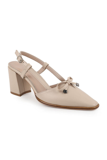 Women's High Heel Shoes Genuine Leather Open Back with Bow and Metal Tip Detail Thick Block Heel L085.K110 - MALLTURK