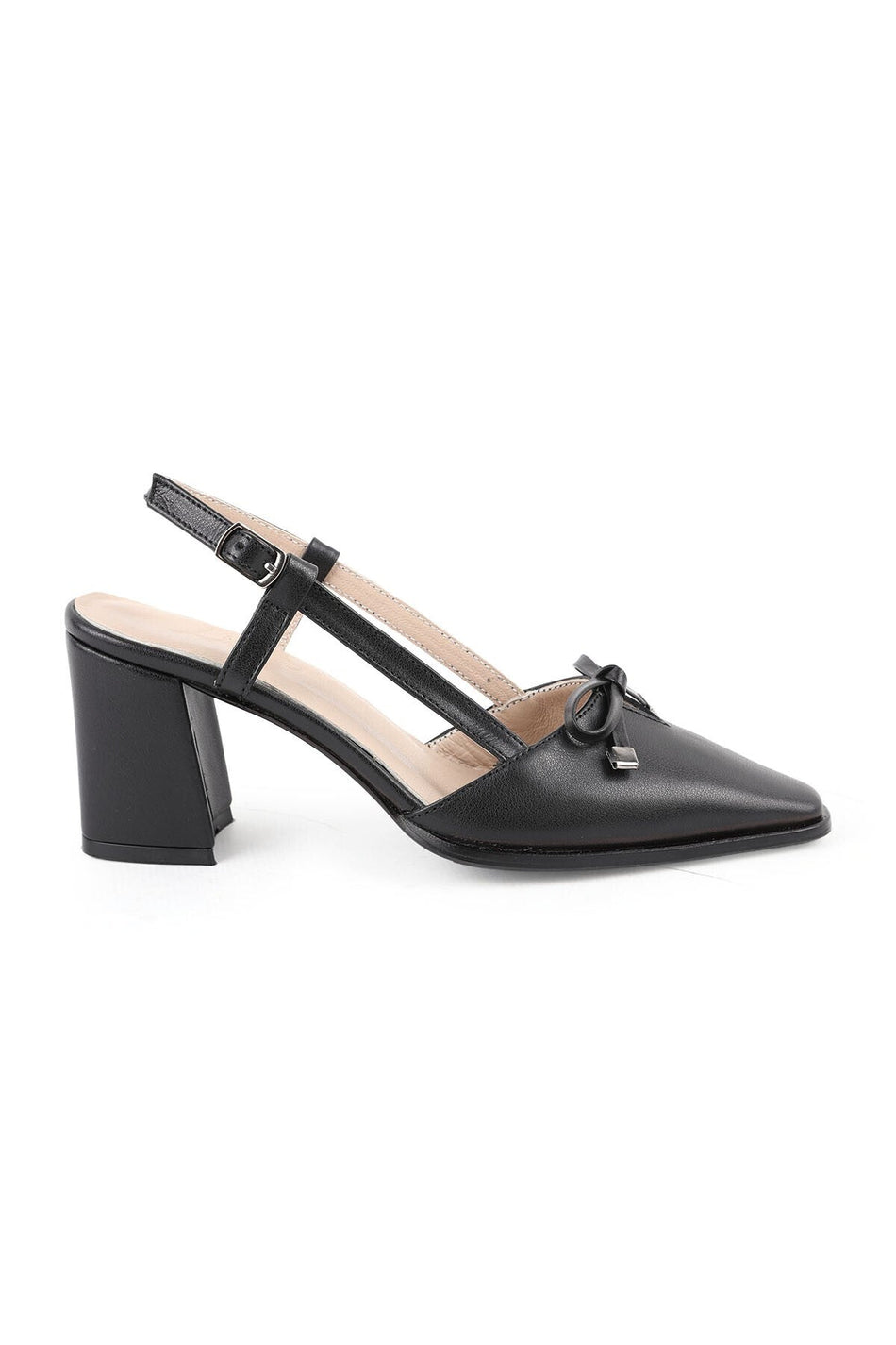Women's High Heel Shoes Genuine Leather Open Back with Bow and Metal Tip Detail Thick Block Heel L085.K110 - MALLTURK