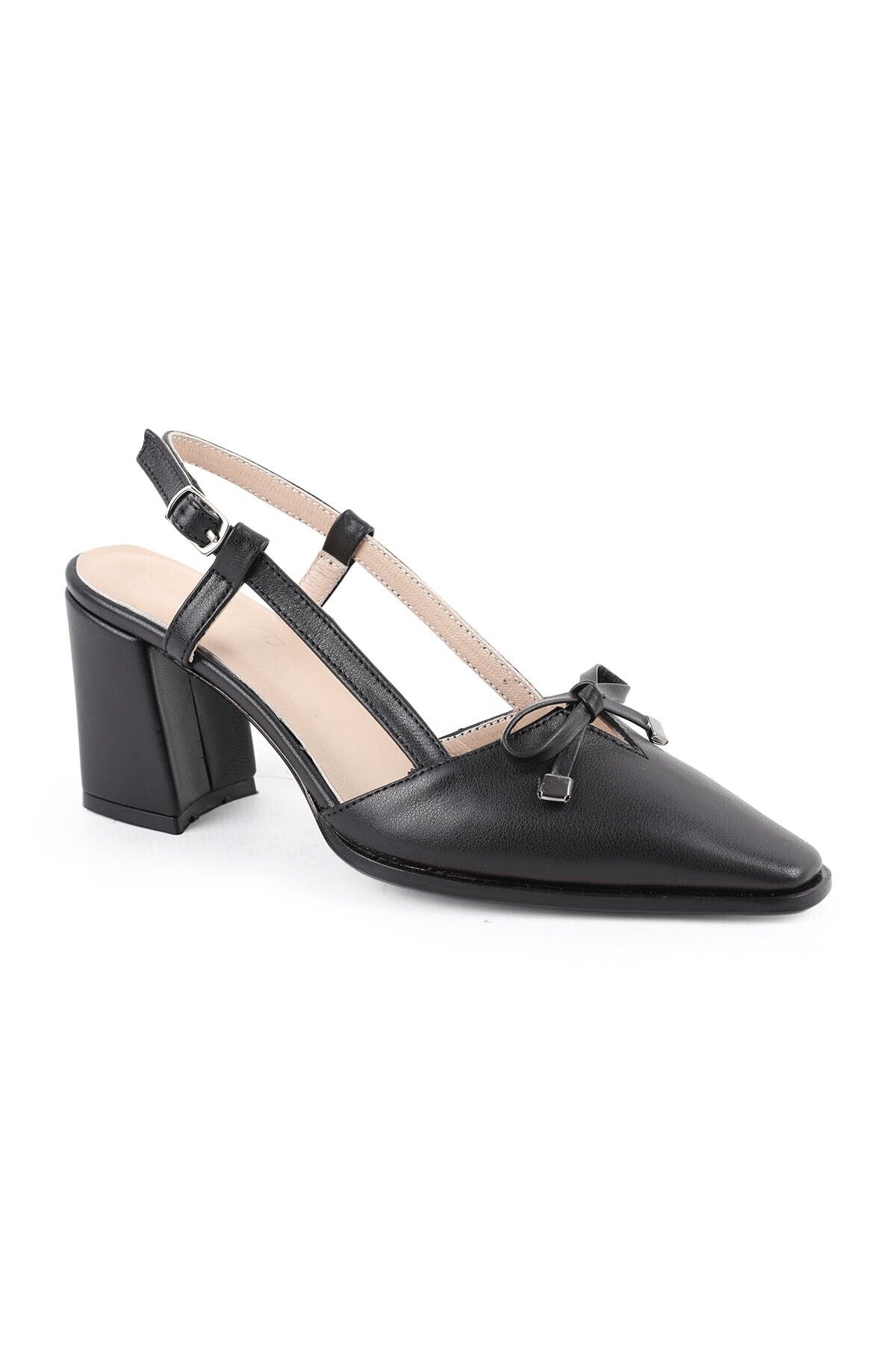 Women's High Heel Shoes Genuine Leather Open Back with Bow and Metal Tip Detail Thick Block Heel L085.K110 - MALLTURK