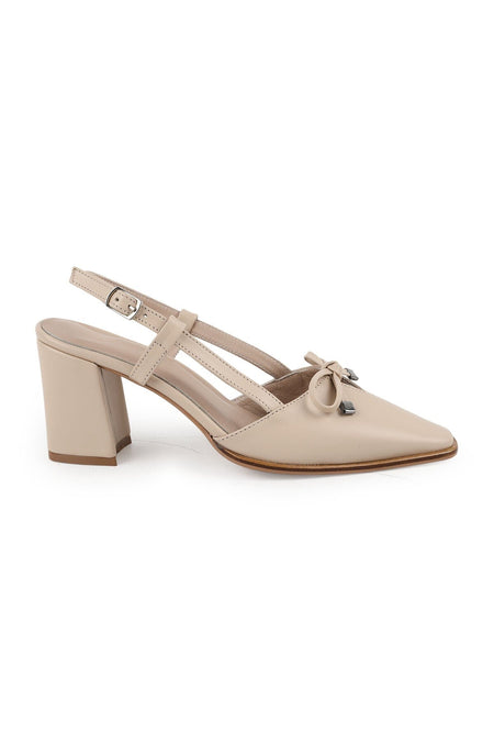 Women's High Heel Shoes Genuine Leather Open Back with Bow and Metal Tip Detail Thick Block Heel L085.K110 - MALLTURK