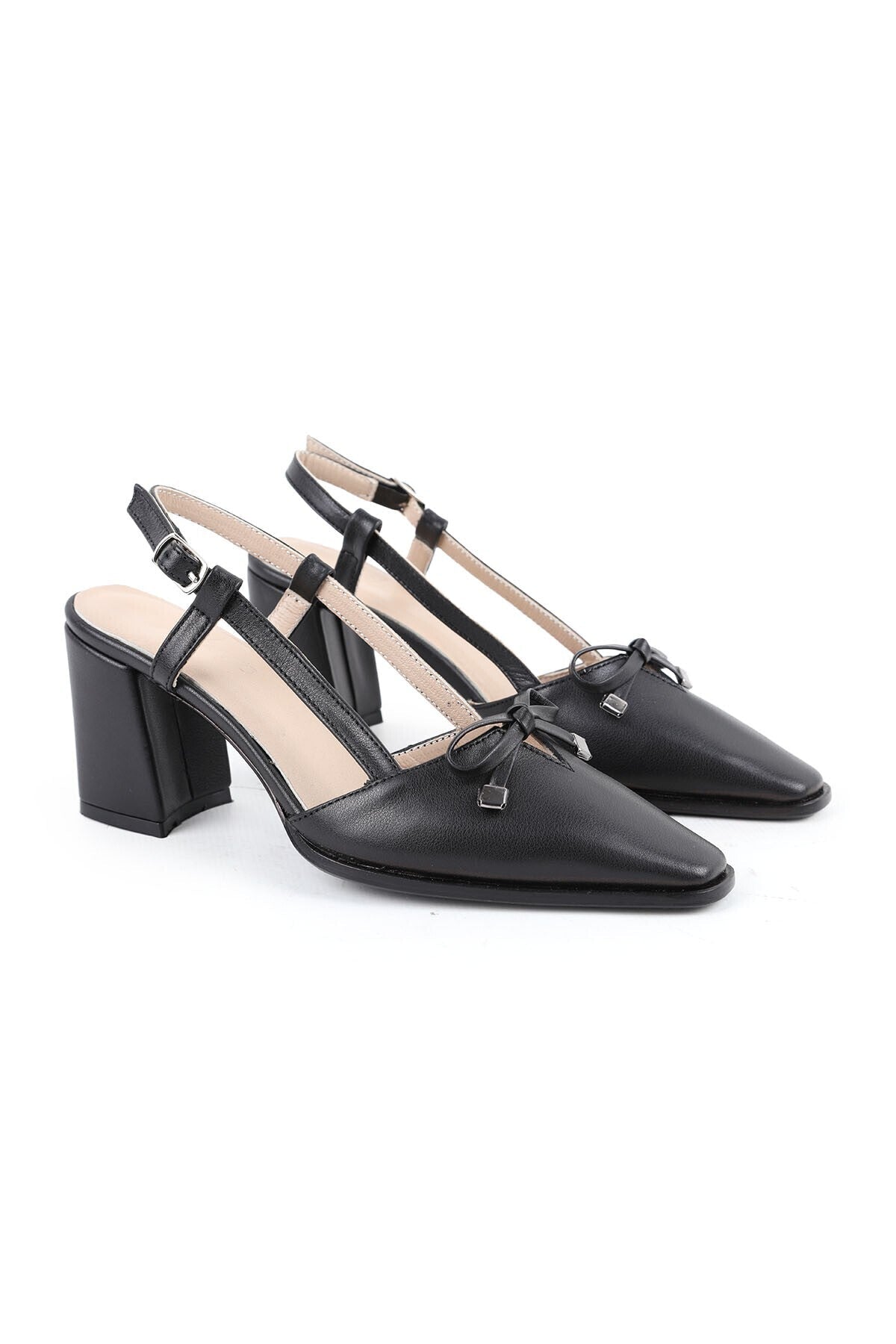 Women's High Heel Shoes Genuine Leather Open Back with Bow and Metal Tip Detail Thick Block Heel L085.K110 - MALLTURK