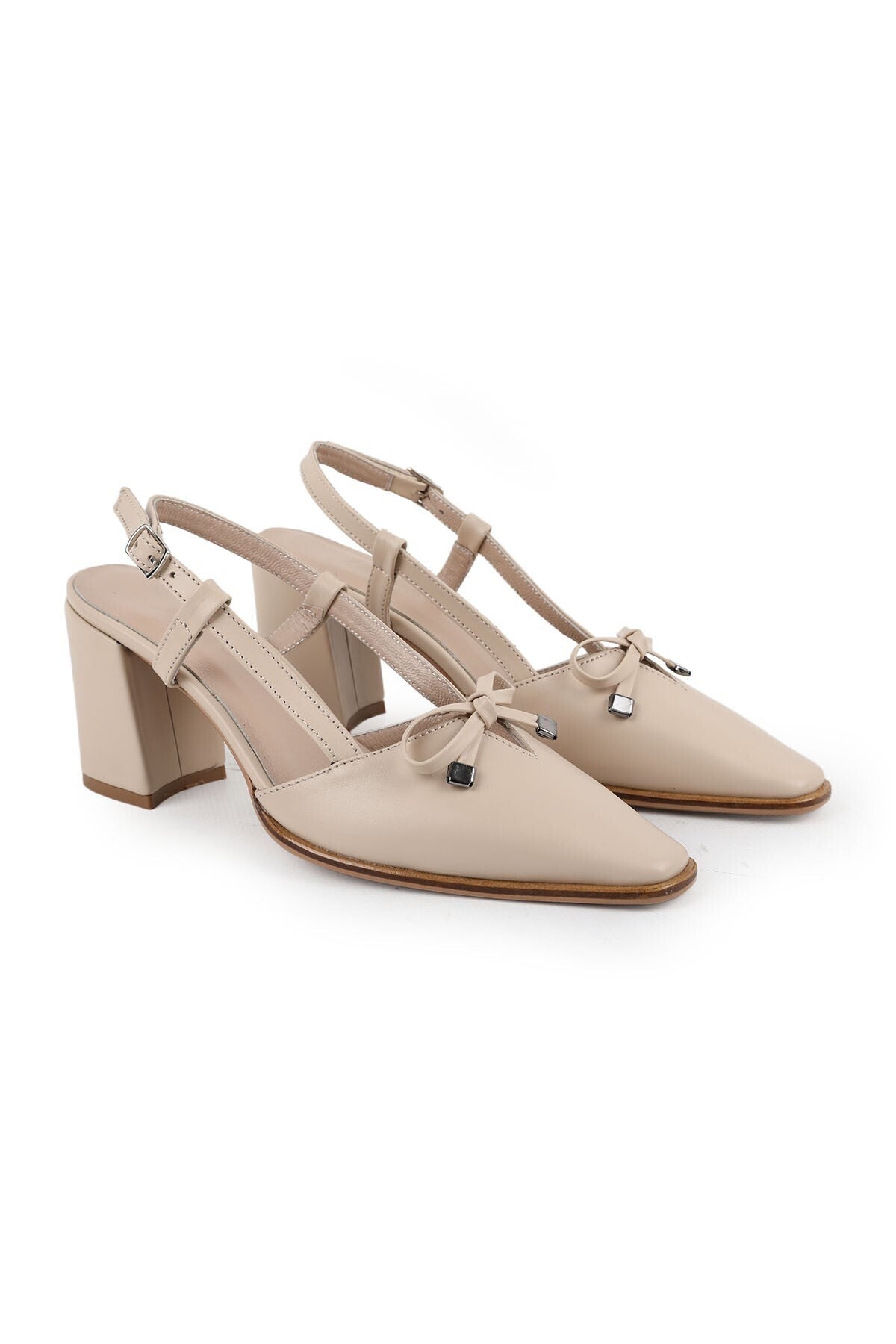 Women's High Heel Shoes Genuine Leather Open Back with Bow and Metal Tip Detail Thick Block Heel L085.K110 - MALLTURK