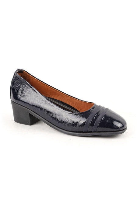 Women's High Heel Shoes Genuine Leather Patent Leather Navy Blue/Black Toe Stripe Short Thick Block Heel Rubber t - MALLTURK
