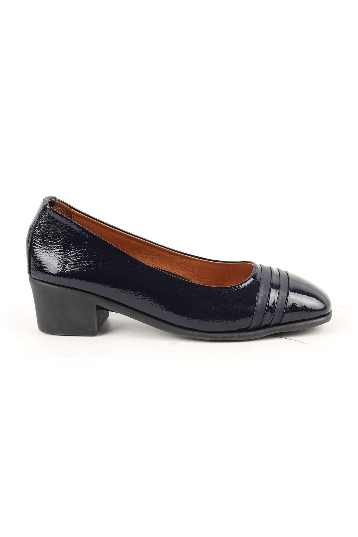 Women's High Heel Shoes Genuine Leather Patent Leather Navy Blue/Black Toe Stripe Short Thick Block Heel Rubber t - MALLTURK