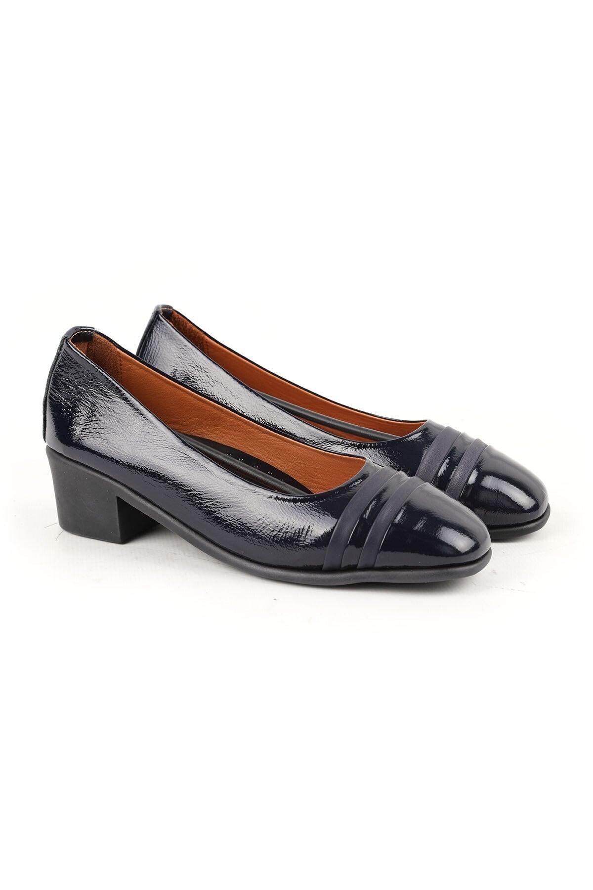 Women's High Heel Shoes Genuine Leather Patent Leather Navy Blue/Black Toe Stripe Short Thick Block Heel Rubber t - MALLTURK