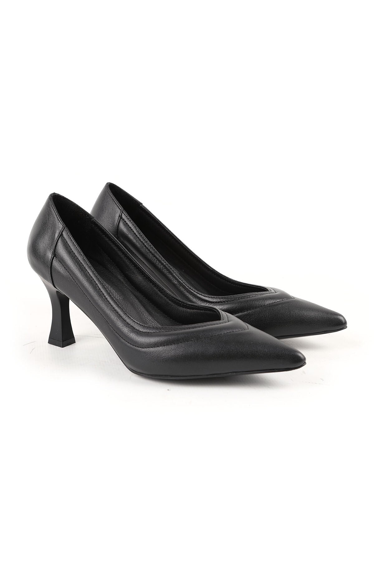 Women's High Heel Shoes Genuine Leather Pointed Toe Padded Low-Cut Striped Medium Goblet Heel L068.1113 - MALLTURK