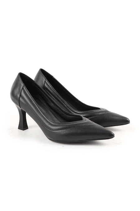 Women's High Heel Shoes Genuine Leather Pointed Toe Padded Low-Cut Striped Medium Goblet Heel L068.1113 - MALLTURK