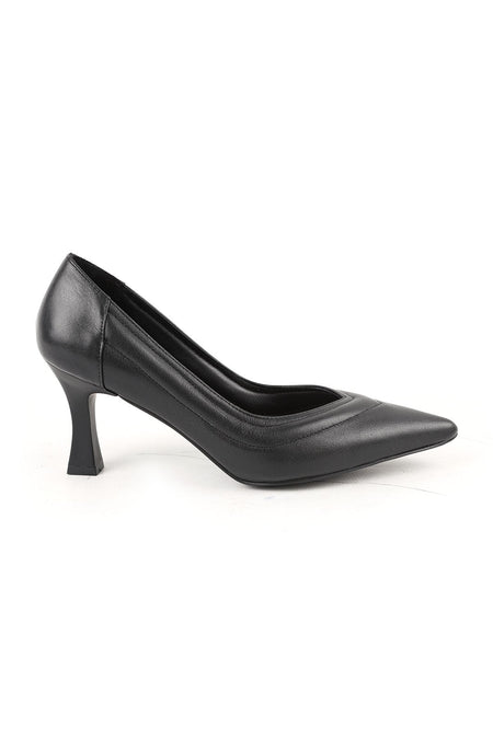 Women's High Heel Shoes Genuine Leather Pointed Toe Padded Low-Cut Striped Medium Goblet Heel L068.1113 - MALLTURK