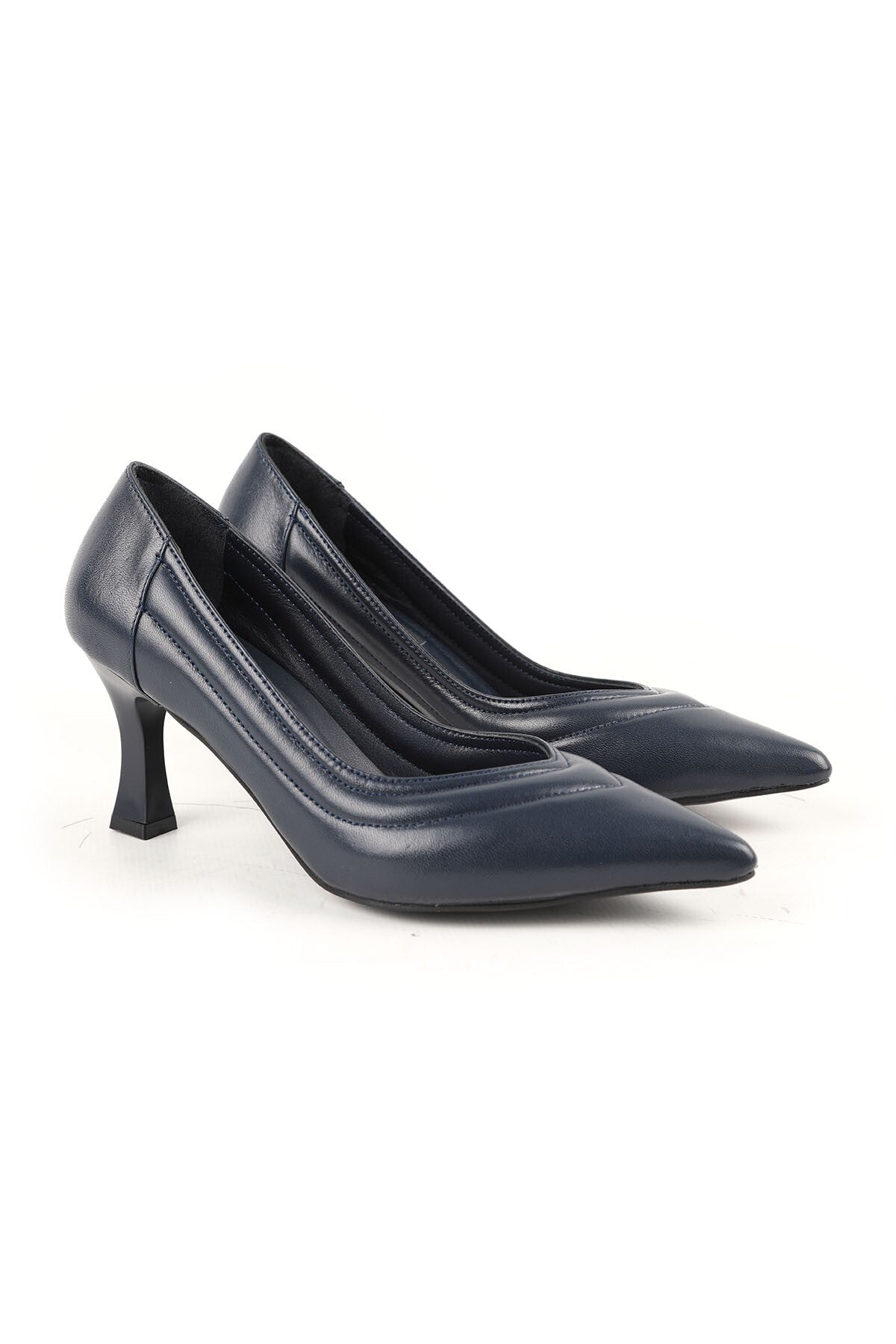 Women's High Heel Shoes Genuine Leather Pointed Toe Padded Low-Cut Striped Medium Goblet Heel L068.1113 - MALLTURK
