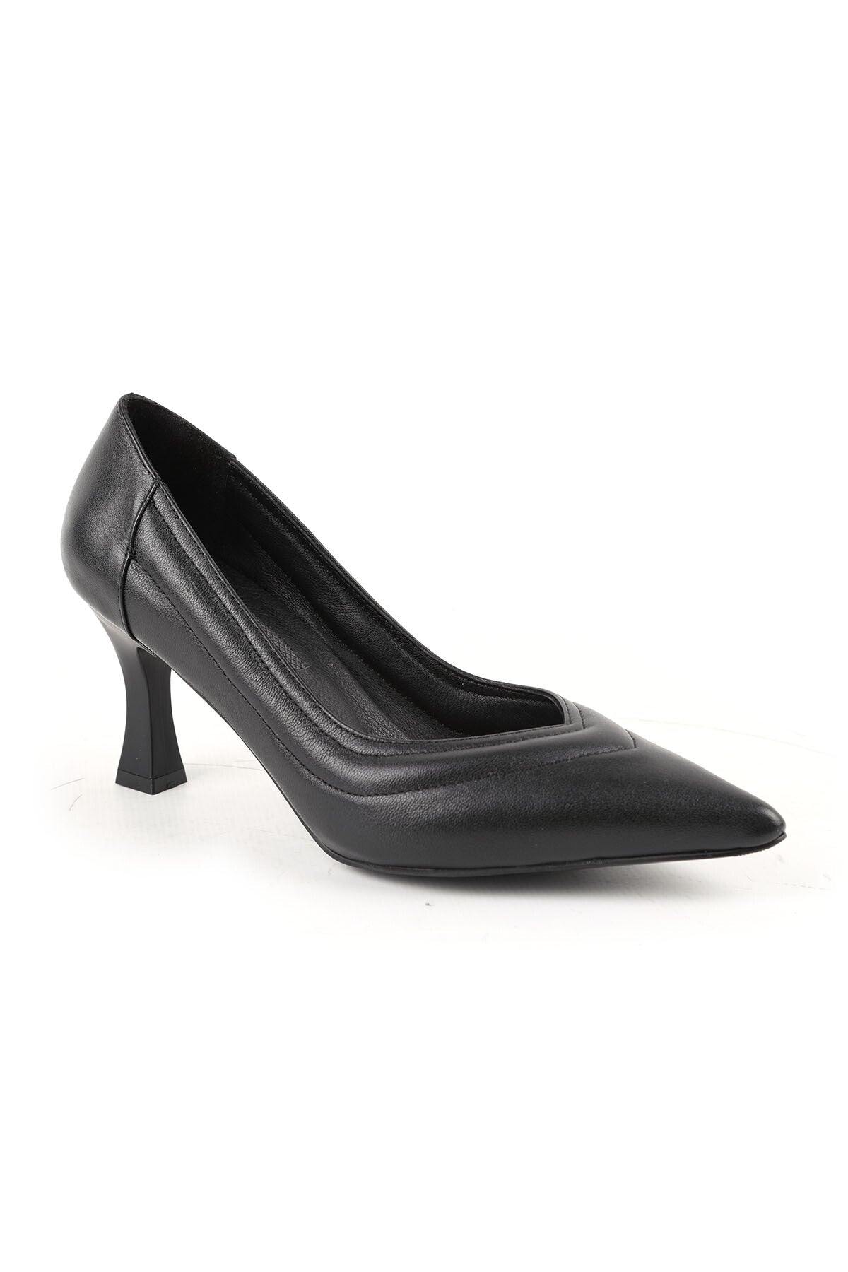 Women's High Heel Shoes Genuine Leather Pointed Toe Padded Low-Cut Striped Medium Goblet Heel L068.1113 - MALLTURK