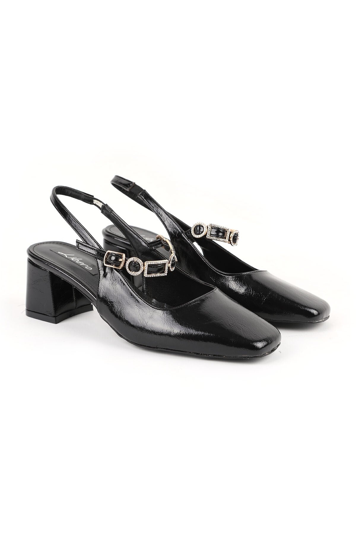 Women's High Heel Shoes Shiny Patent Leather Stone Buckle Detailed Slingback Stylish Office Thick Block Heel 085.K2675 - MALLTURK