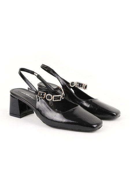 Women's High Heel Shoes Shiny Patent Leather Stone Buckle Detailed Slingback Stylish Office Thick Block Heel 085.K2675 - MALLTURK