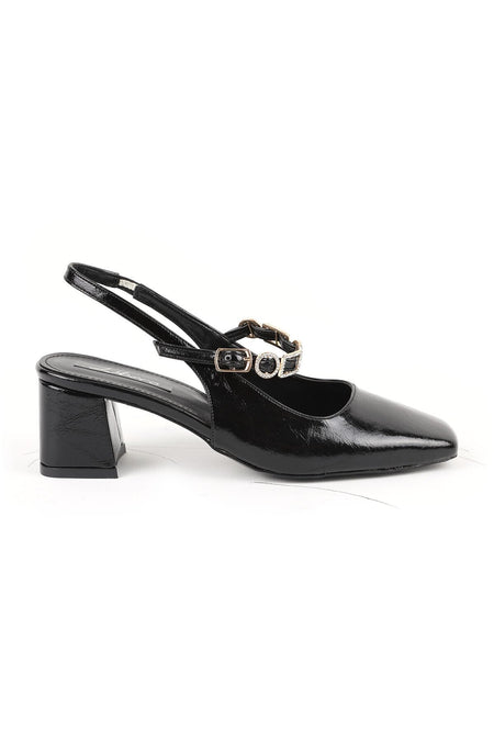 Women's High Heel Shoes Shiny Patent Leather Stone Buckle Detailed Slingback Stylish Office Thick Block Heel 085.K2675 - MALLTURK