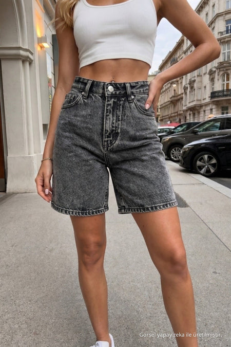 Women's High Waist 5 Pocket Straight Fit Shorts Jeans Grey - MALLTURK