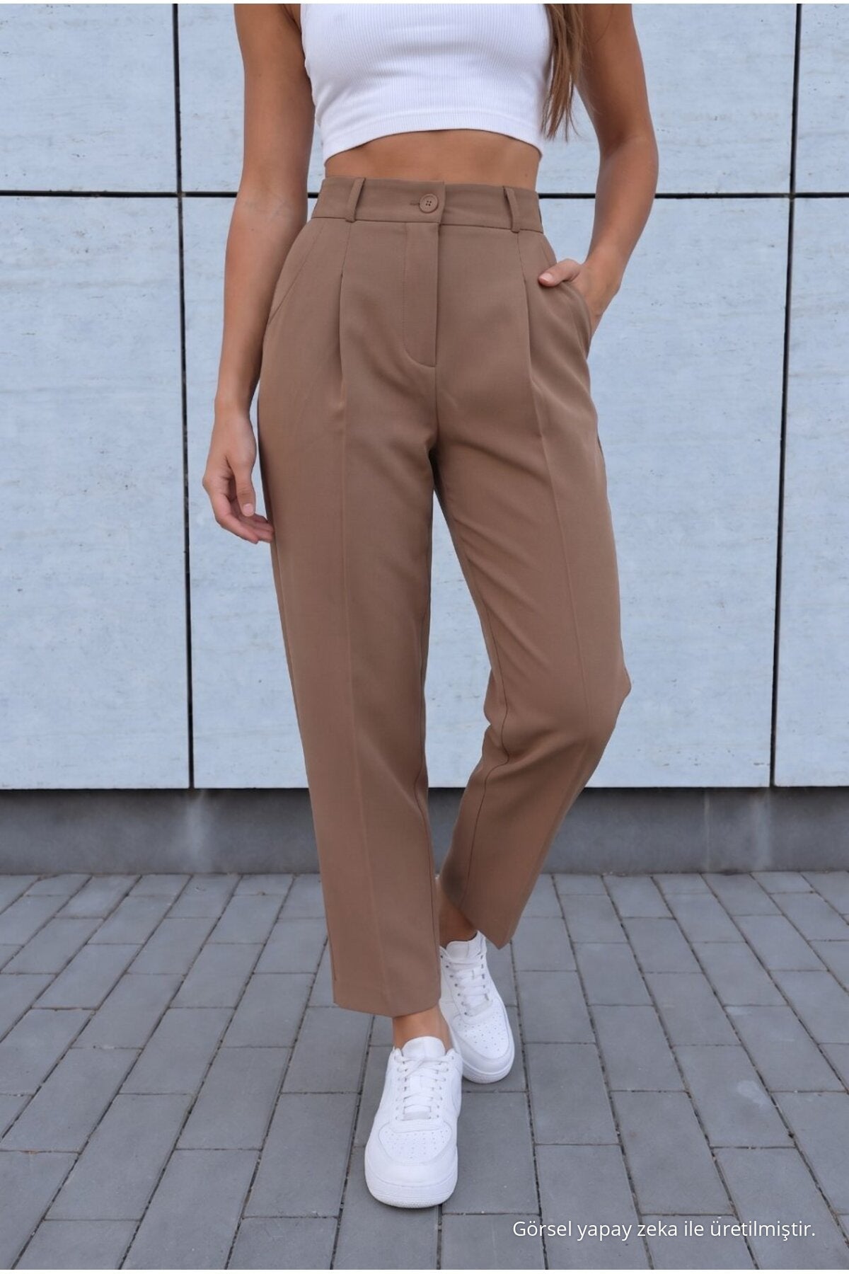 Women's High Waist Carrot Cut Dart Fabric Trousers, Mink - MALLTURK