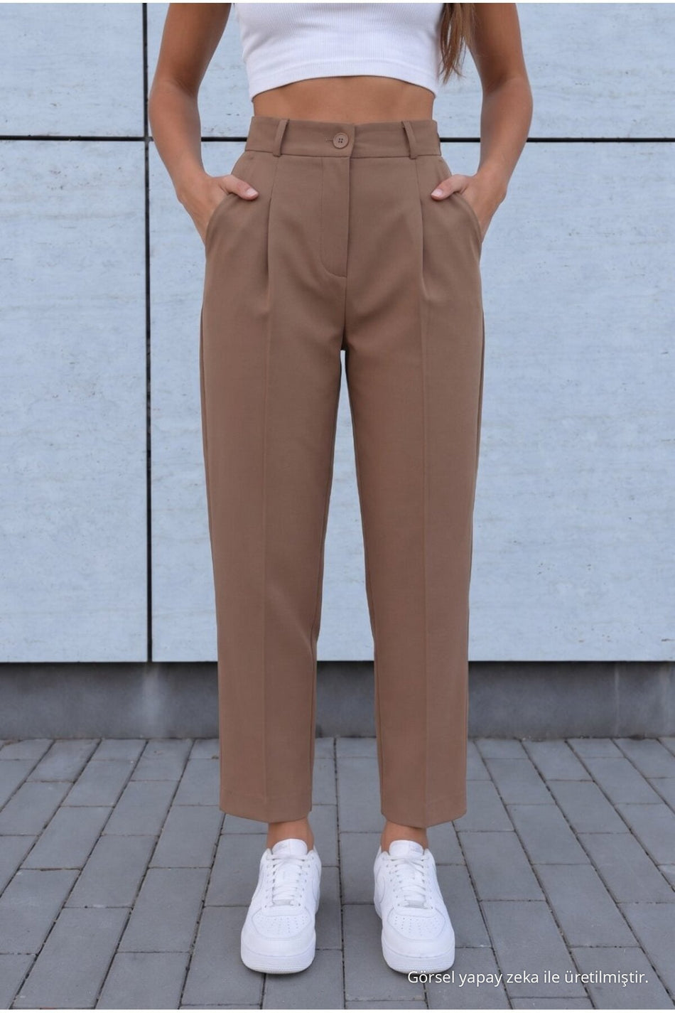 Women's High Waist Carrot Cut Dart Fabric Trousers, Mink - MALLTURK