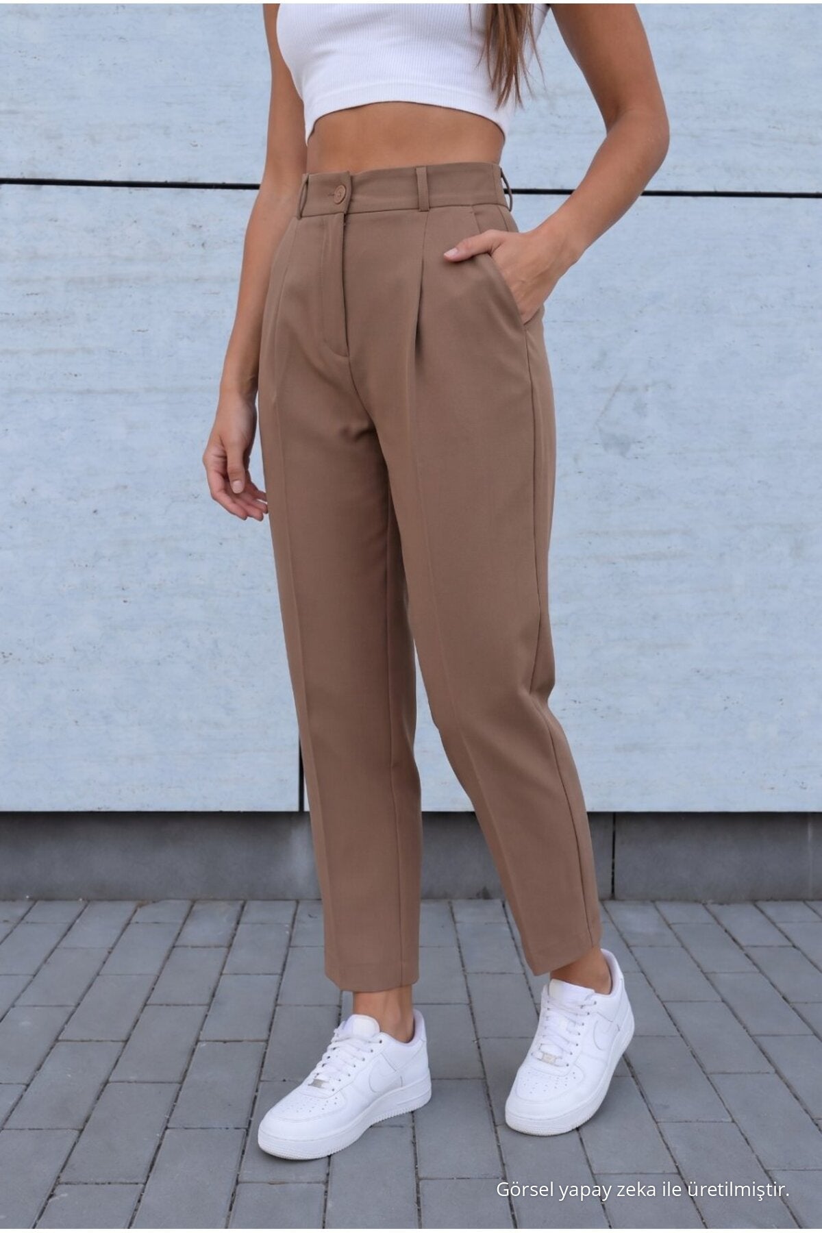 Women's High Waist Carrot Cut Dart Fabric Trousers, Mink - MALLTURK
