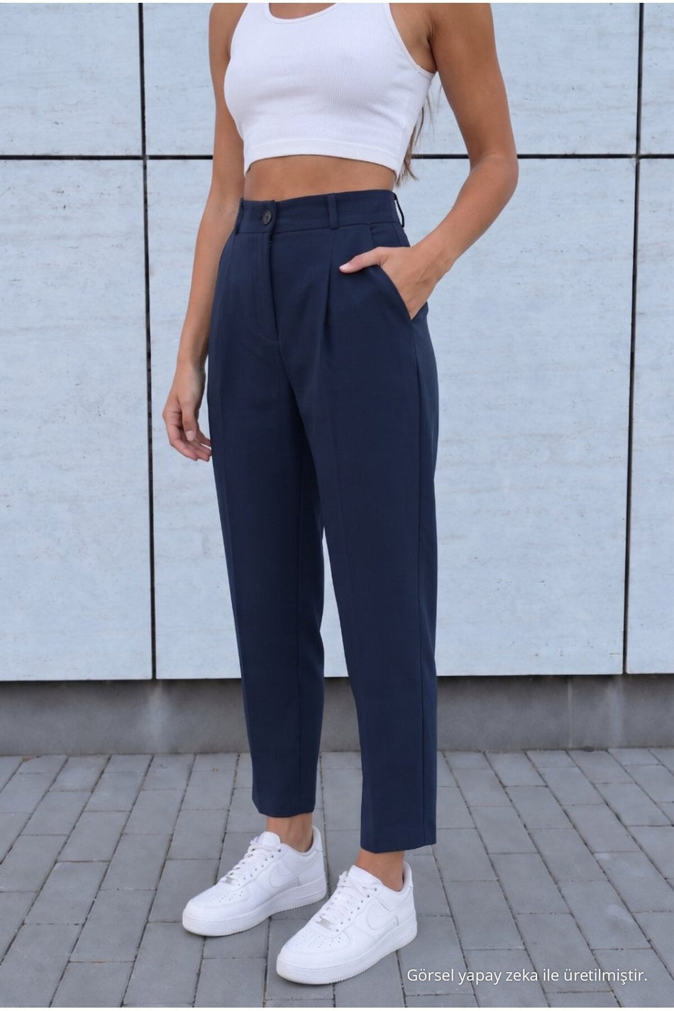 Women's High Waist Carrot Cut Dart Fabric Trousers, Navy Blue - MALLTURK