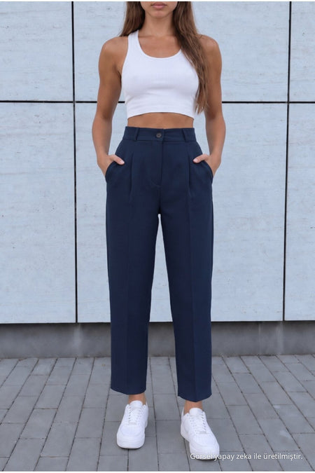Women's High Waist Carrot Cut Dart Fabric Trousers, Navy Blue - MALLTURK