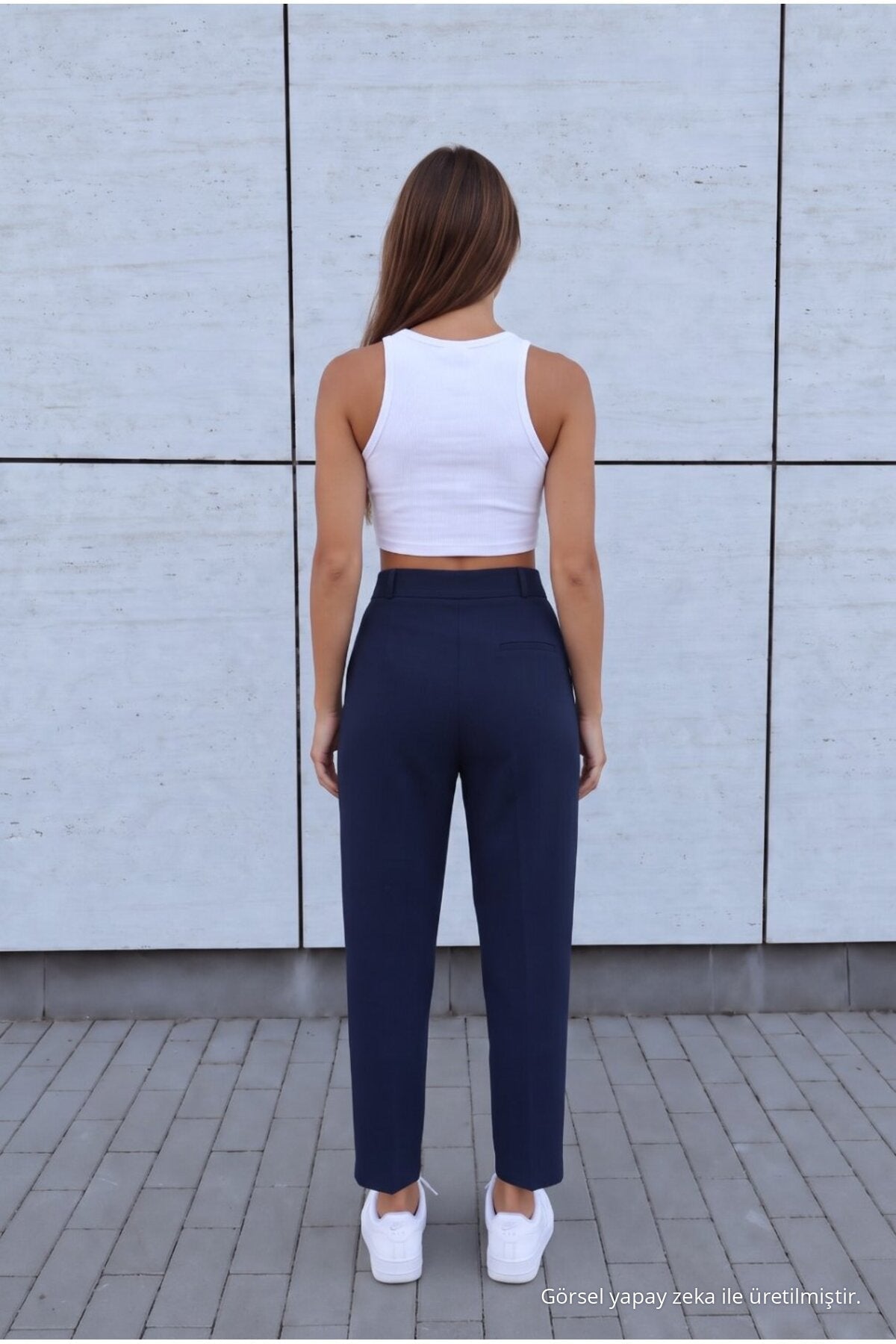 Women's High Waist Carrot Cut Dart Fabric Trousers, Navy Blue - MALLTURK