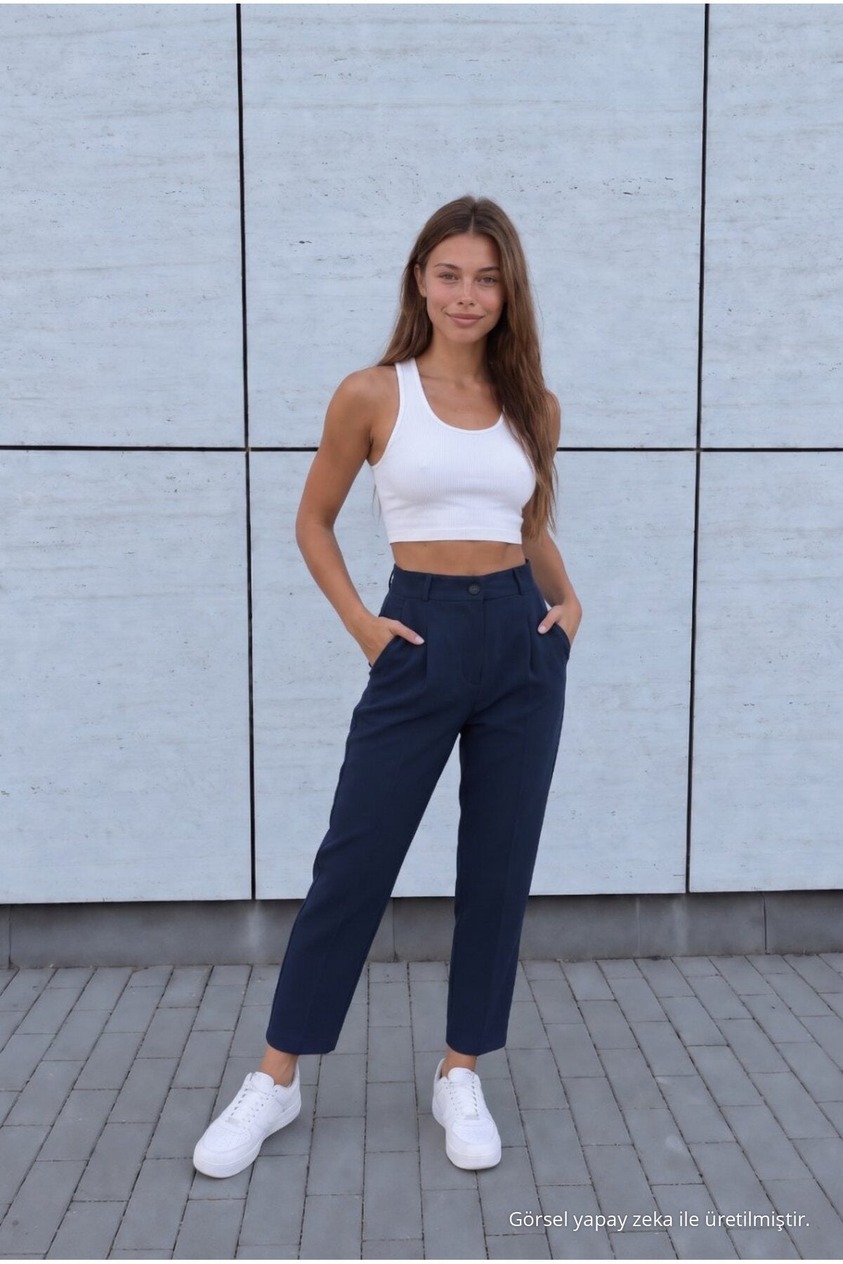 Women's High Waist Carrot Cut Dart Fabric Trousers, Navy Blue - MALLTURK