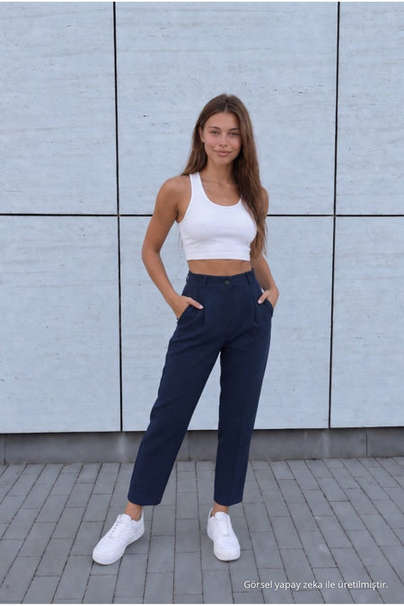Women's High Waist Carrot Cut Dart Fabric Trousers, Navy Blue - MALLTURK