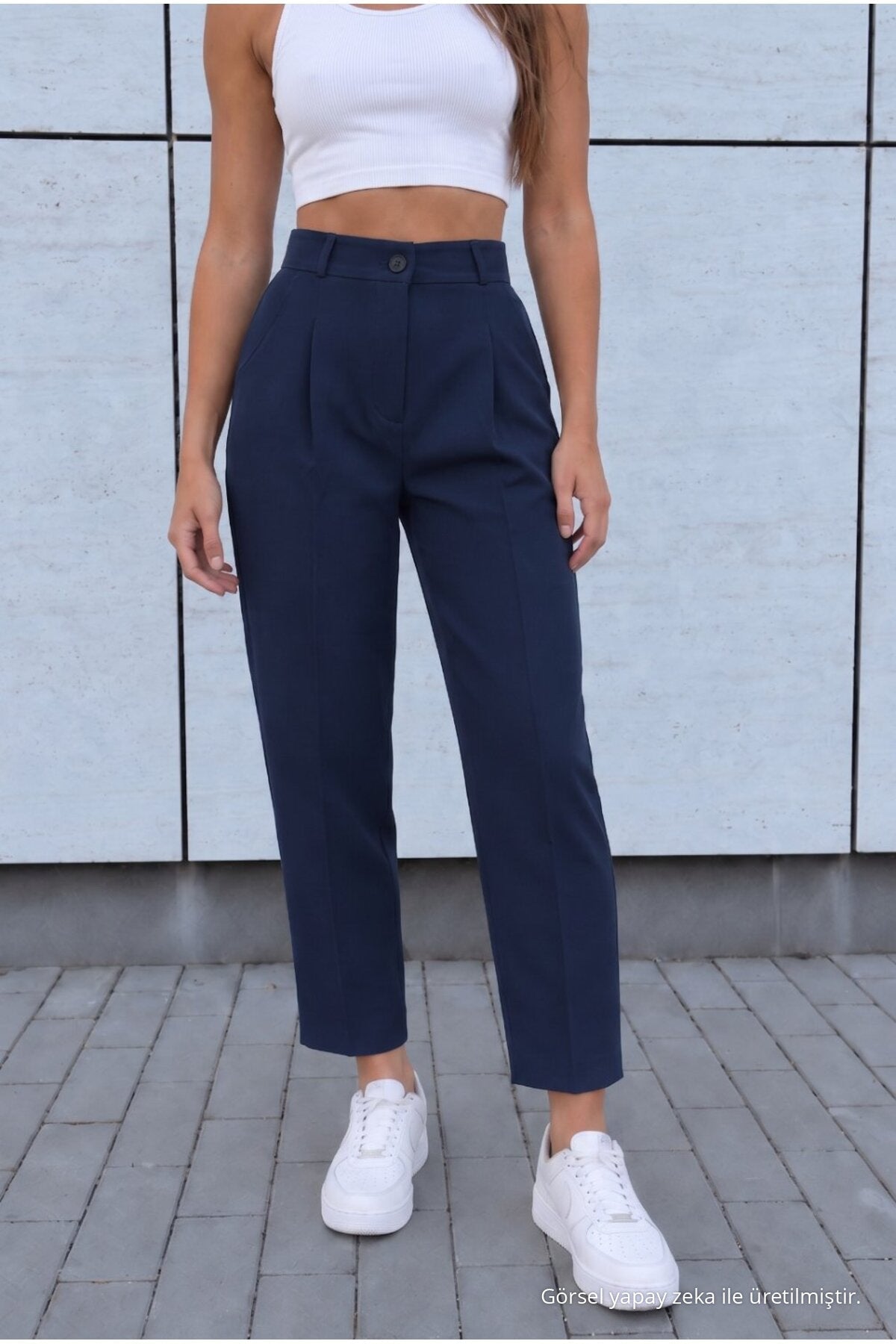 Women's High Waist Carrot Cut Dart Fabric Trousers, Navy Blue - MALLTURK