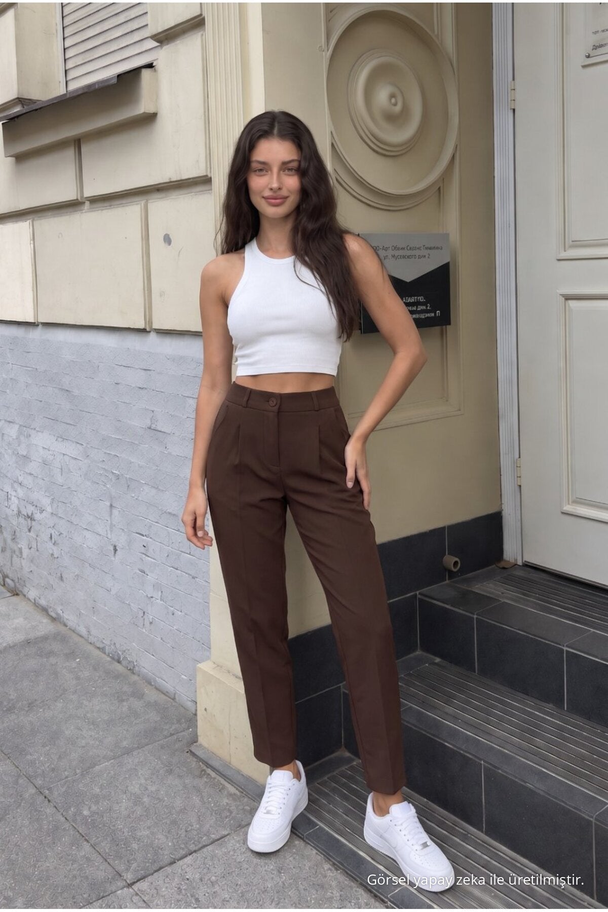 Women's High Waist Elasticated Carrot Cut Dart Trousers Brown - MALLTURK
