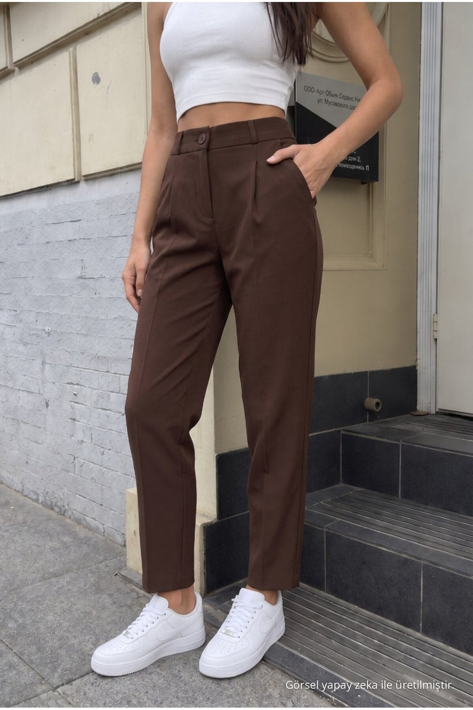 Women's High Waist Elasticated Carrot Cut Dart Trousers Brown - MALLTURK