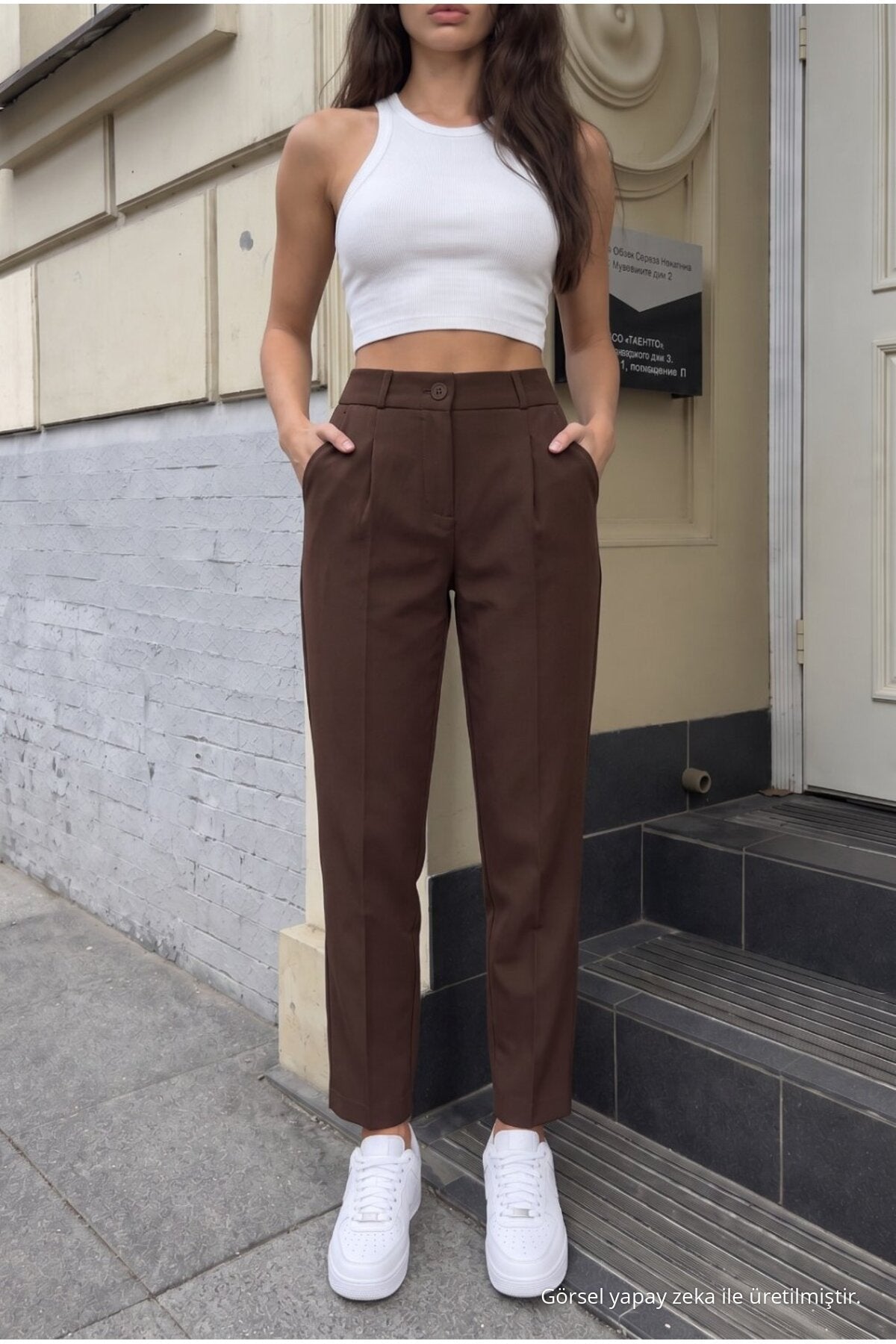 Women's High Waist Elasticated Carrot Cut Dart Trousers Brown - MALLTURK