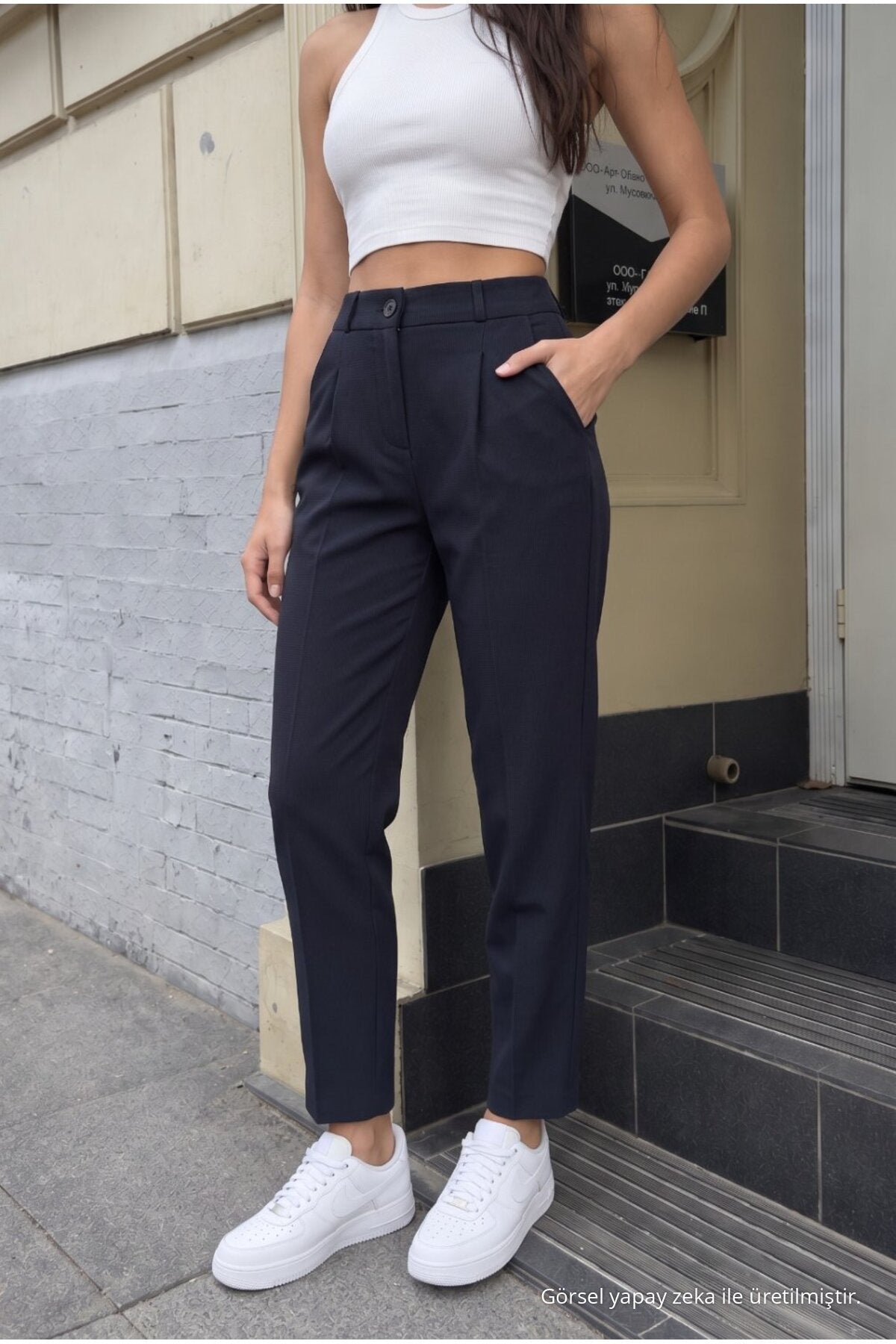 Women's High Waist Elasticated Carrot Cut Dart Trousers, Navy Blue - MALLTURK