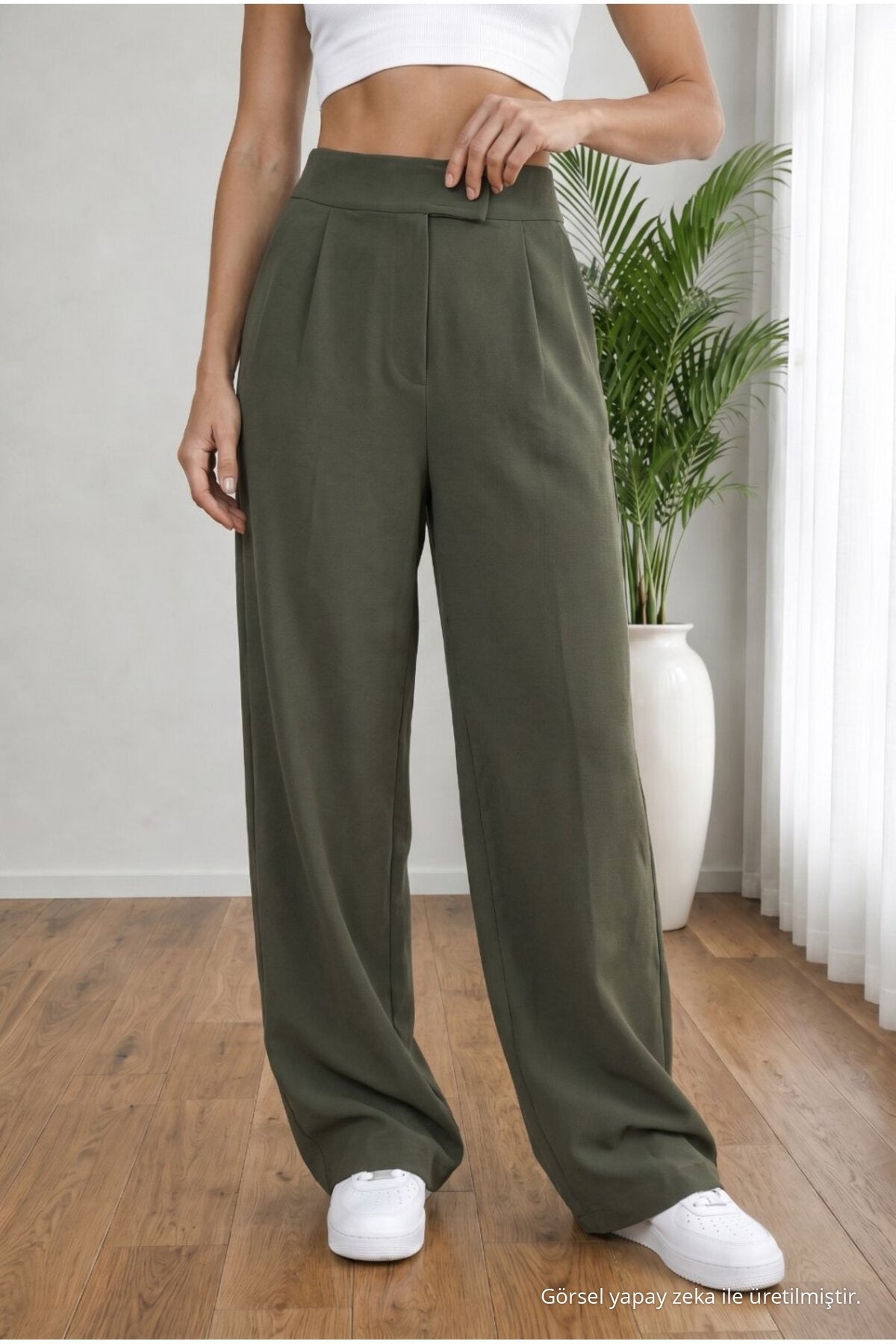 Women's High Waist Lycra Velcro Closure Wide Leg Loose Palazzo Fabric Khaki - MALLTURK