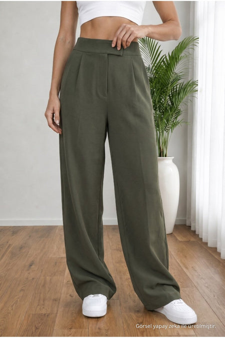 Women's High Waist Lycra Velcro Closure Wide Leg Loose Palazzo Fabric Khaki - MALLTURK