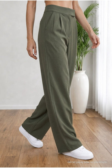 Women's High Waist Lycra Velcro Closure Wide Leg Loose Palazzo Fabric Khaki - MALLTURK