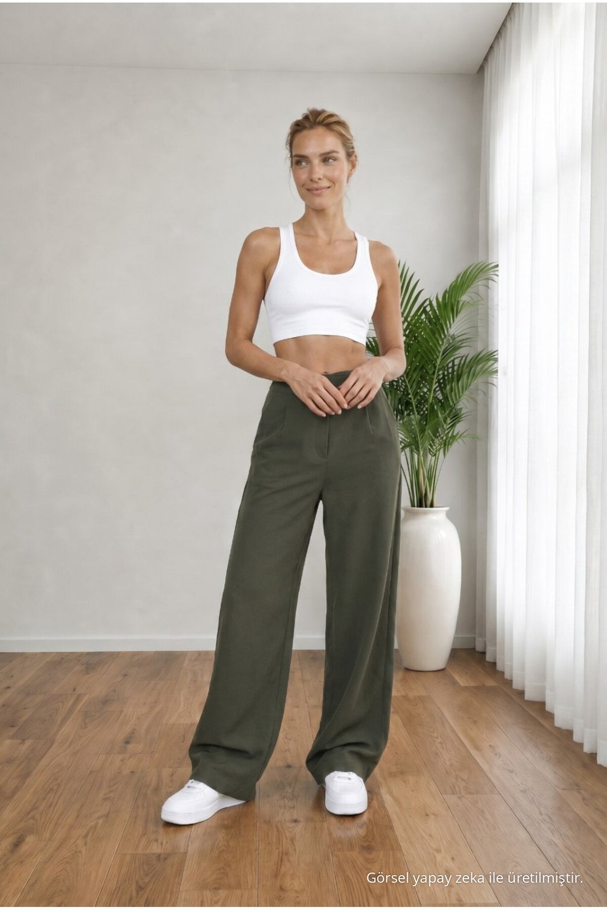 Women's High Waist Lycra Velcro Closure Wide Leg Loose Palazzo Fabric Khaki - MALLTURK