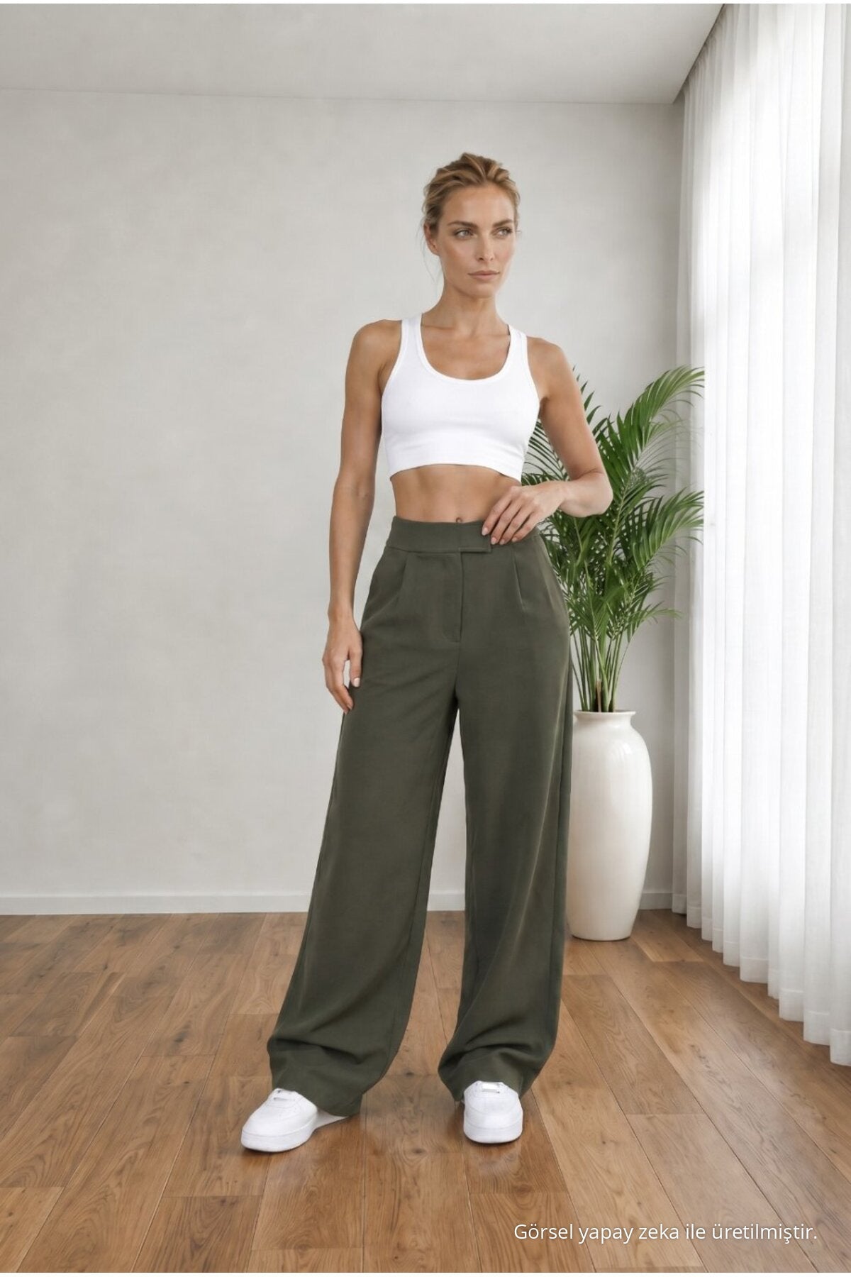 Women's High Waist Lycra Velcro Closure Wide Leg Loose Palazzo Fabric Khaki - MALLTURK