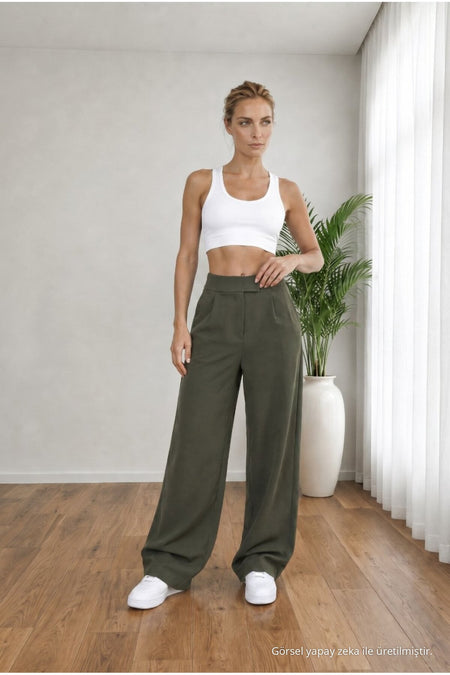 Women's High Waist Lycra Velcro Closure Wide Leg Loose Palazzo Fabric Khaki - MALLTURK