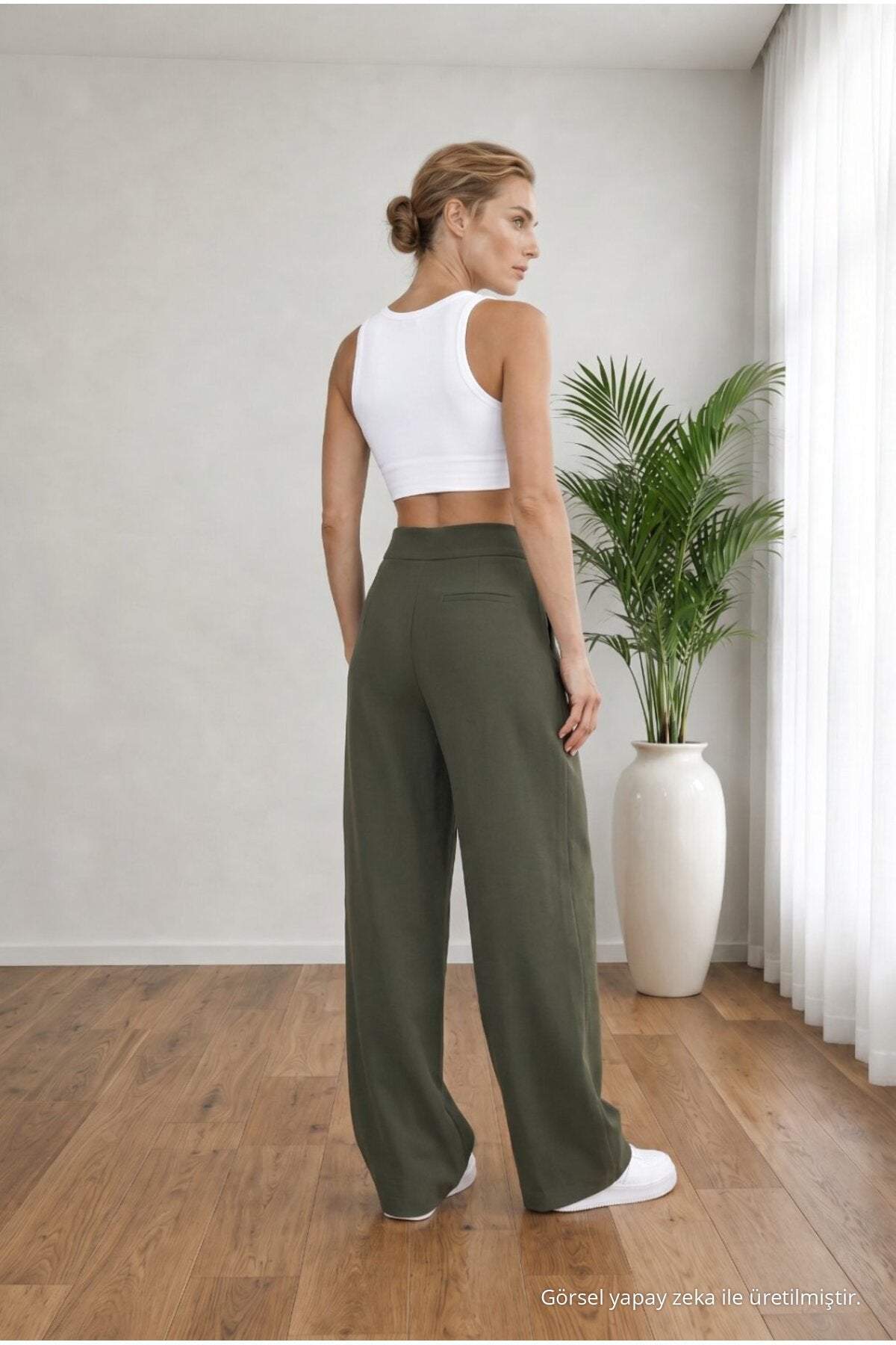 Women's High Waist Lycra Velcro Closure Wide Leg Loose Palazzo Fabric Khaki - MALLTURK
