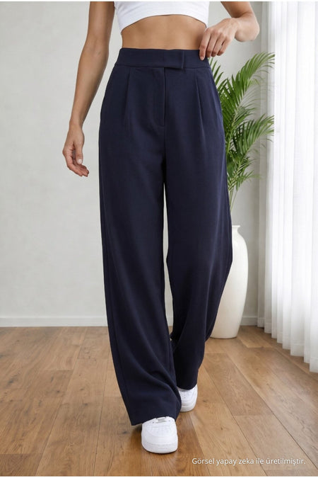Women's High Waist Lycra Velcro Closure Wide Leg Loose Palazzo Navy Blue - MALLTURK