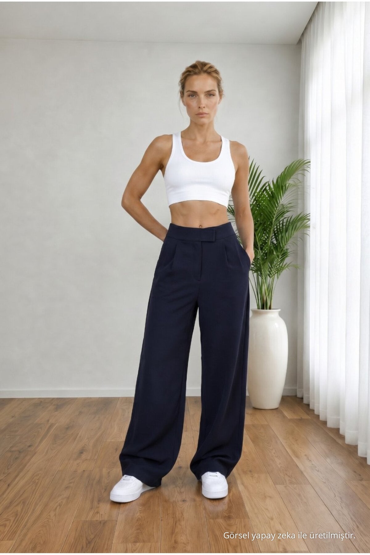 Women's High Waist Lycra Velcro Closure Wide Leg Loose Palazzo Navy Blue - MALLTURK
