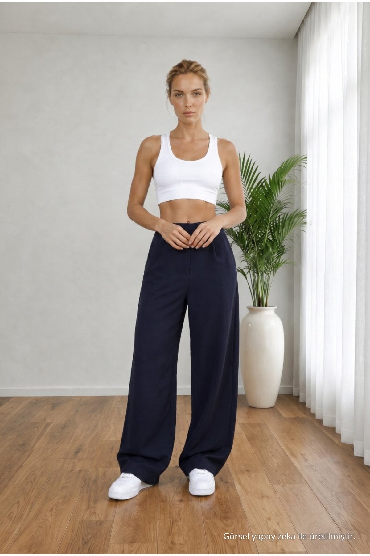 Women's High Waist Lycra Velcro Closure Wide Leg Loose Palazzo Navy Blue - MALLTURK